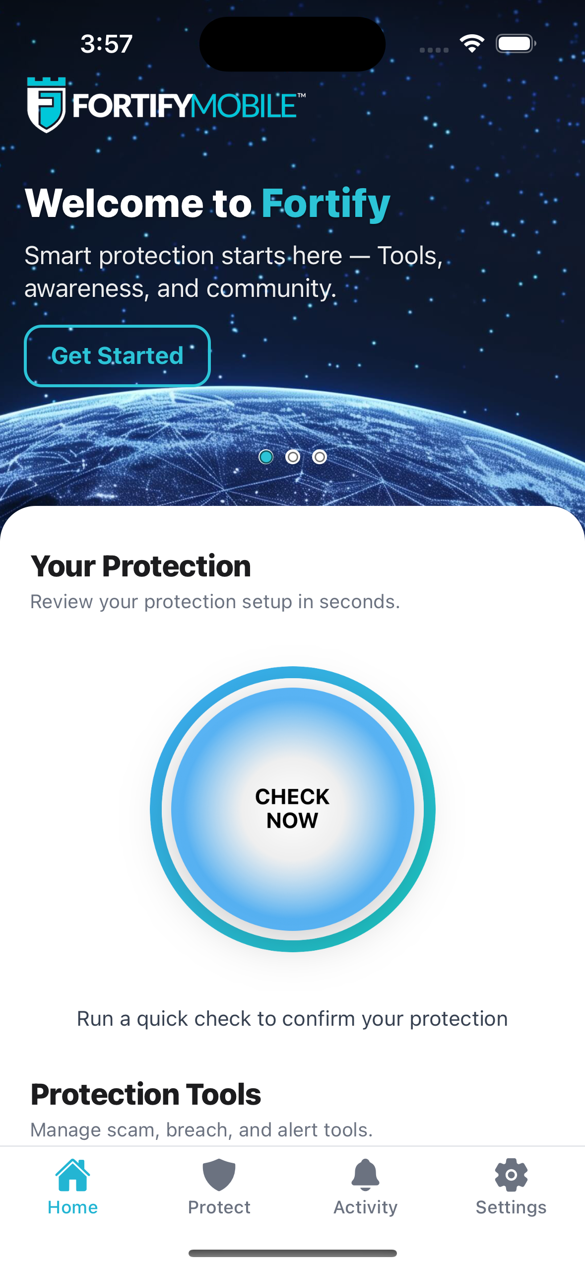 Fortify Mobile app screenshot showing the home screen with security check feature and protection tools